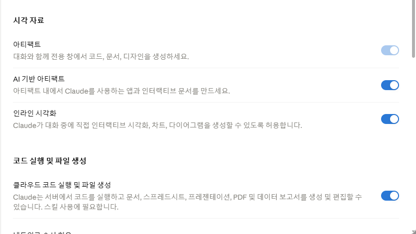 설정 기능 화면의 코드 실행 및 파일 생성 항목